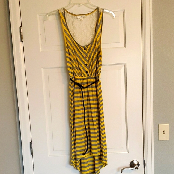 Iris Basic Yellow/grey Striped Dress with Lace Back sz m - Picture 1 of 5